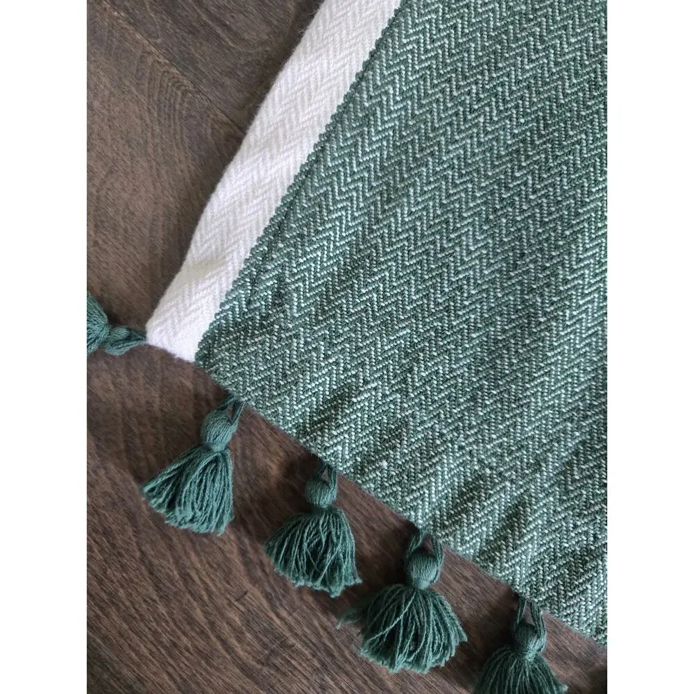 Green Herringbone Tassel Table Runner Farmhouse Boho 66